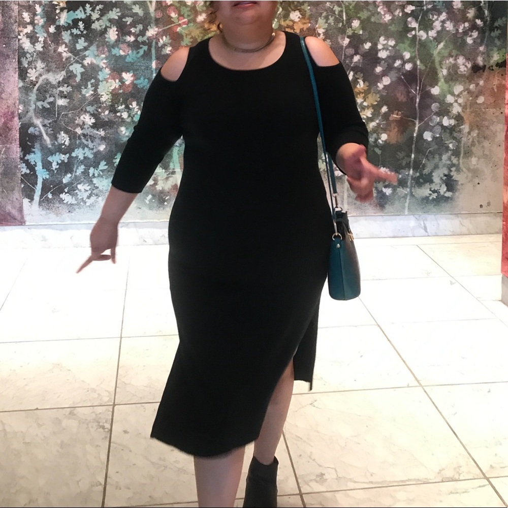 THE CAMRYN DRESS: black ribbed cold shoulder dress